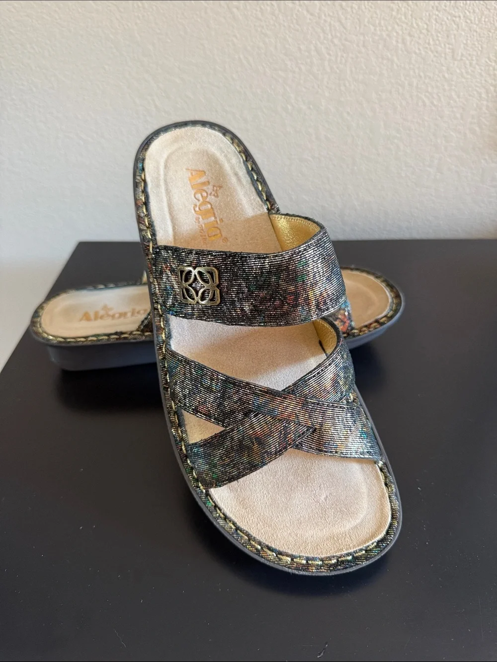 Alegria Women’s Metallic Multi-Color Cross-Strap Slide Sandals